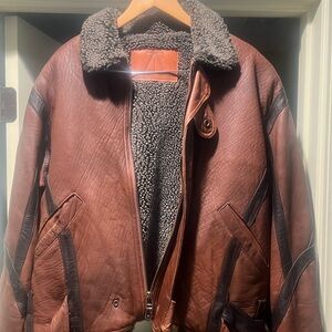 Men's Brown Leather Jacket with Shearling Collar